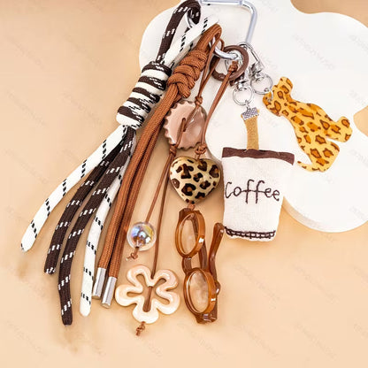 Y2K Leopard Print Coffee Keychain - Retro Puppy Bag Charm