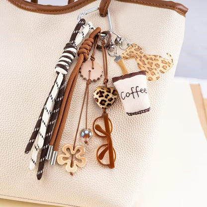 Y2K Leopard Print Coffee Keychain - Retro Puppy Bag Charm